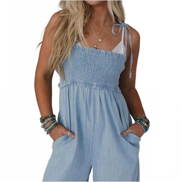 NEW THREE BIRD NEST light washed smocked cotton jumpsuit in blue - Picture 3 of 5